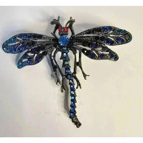 Vintage Dragonfly Multicolor Rhinestone Brooch Hematite - Picture 1 of 2